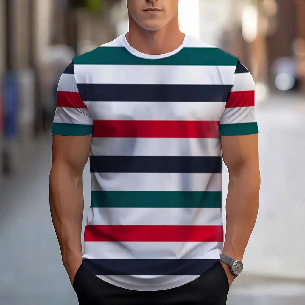 Summer Round Neck Color - Block & Striped 3D Print Top Fashionable Casual Short Sleeved Men's T-shirts