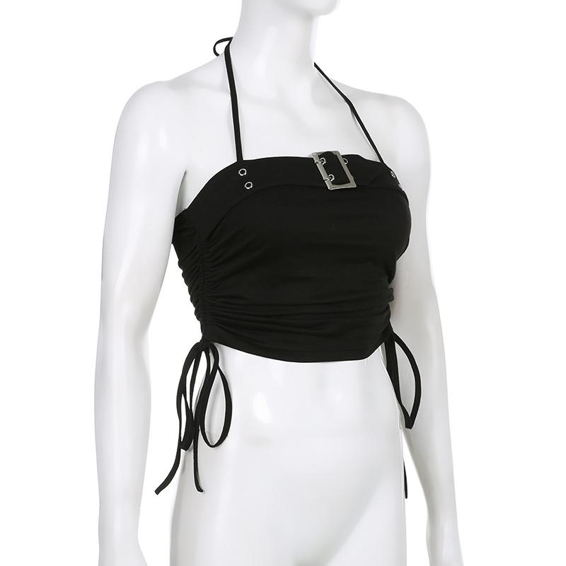 Spring Fashion Pure Desire Japanese Button Pleated Strap Exposed Umbilical Slim Hanging Neck Top Spicy Girls Sexy Small Vest Ultra-short Slim Tank Top