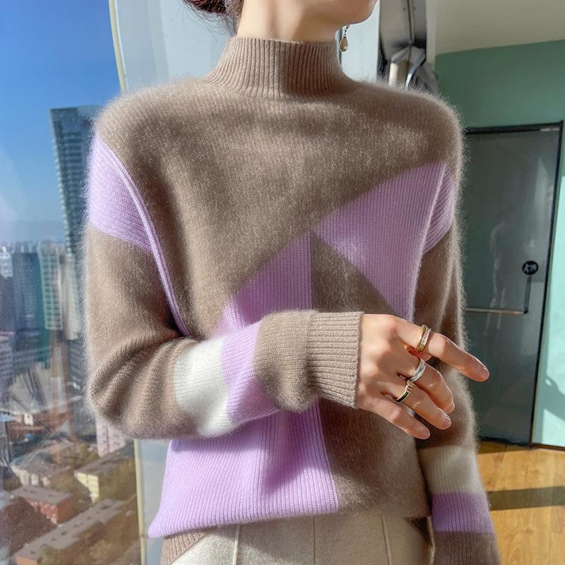 Contrast Color Thickened Half-high Neck Cardigan for Women In Autumn and Winter New Fashionable and Versatile Cashmere Sweater Warm Knitted Base Shirt