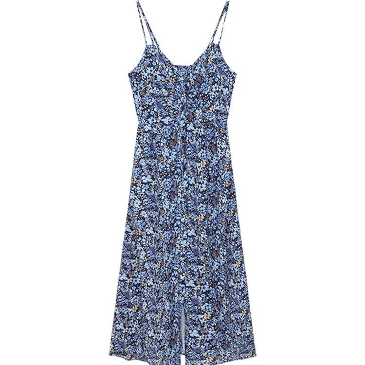 French Floral V-neck Suspender Dress Women's Summer Sweet Babe Skirt Retro Temperament Split-ended Long Dress