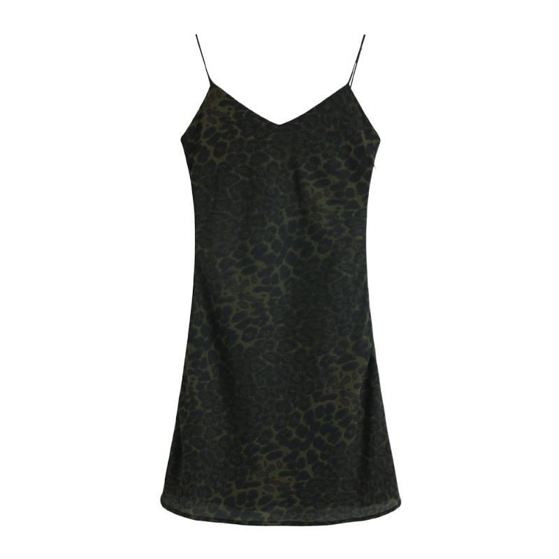 2026 Spring/Summer V-Neck Leopard Print Off-Shoulder Spaghetti Strap Mid-Length Slimming Dress