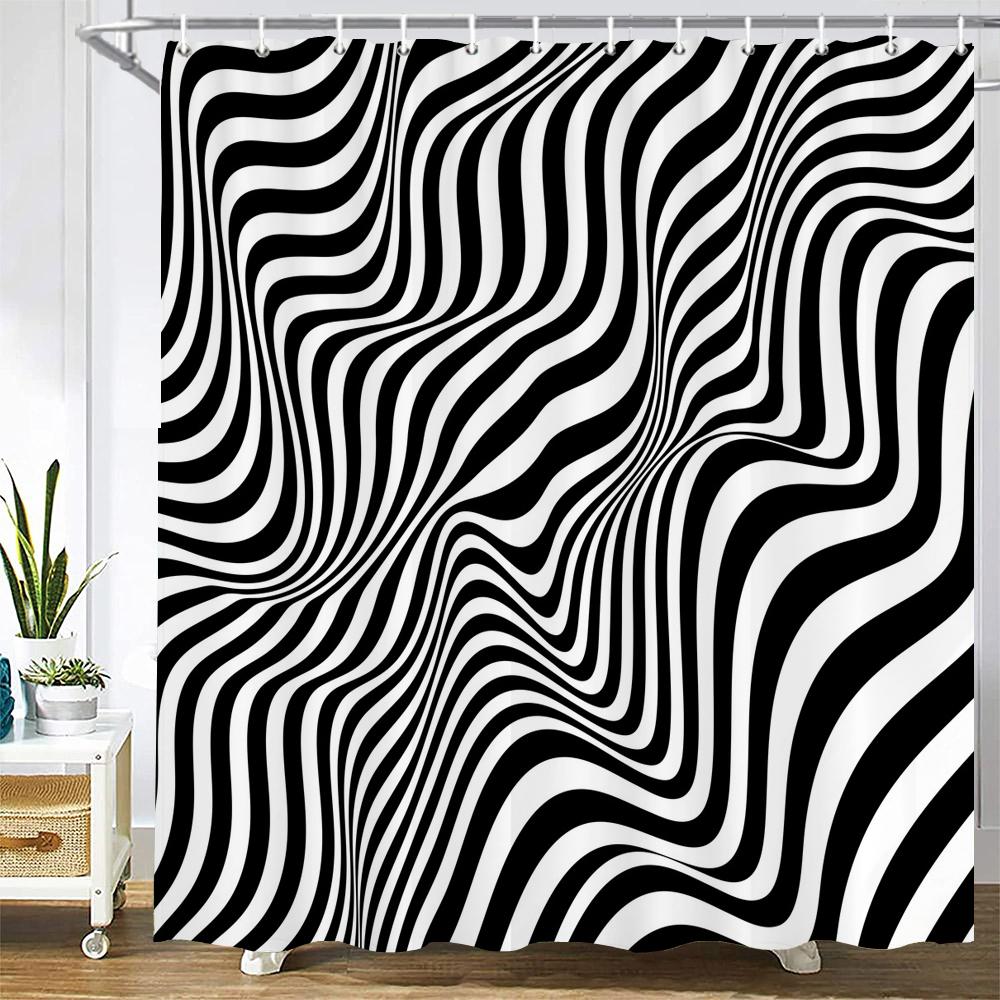 Black And White Geometry Print Bath Curtain Simple Art Abstract Waterproof Shower Curtains For Bathroom With 12Pcs Plastic Hooks