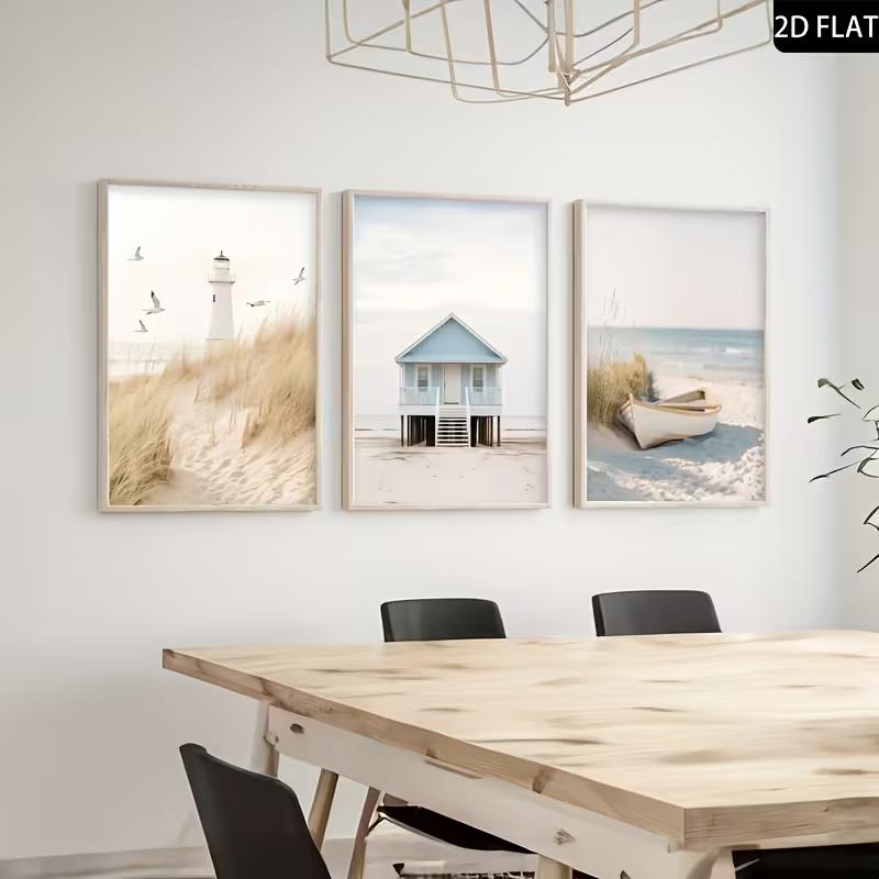 Modern Landscape Wall Decor, Small Fresh Beach, Lighthouse, Cottage, Boat, Wall Art Canvas Painting, Bedroom Living Room Wall Decoration
