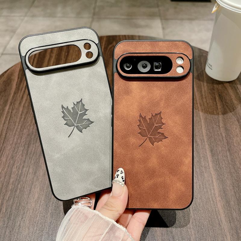 Solid Color Leather Slim Matte Case For Google Pixel 9 Pro XL 8A 8 Pro 7A 7 Maple Leaf Pattern Shockproof TPU Soft Phone Cover
