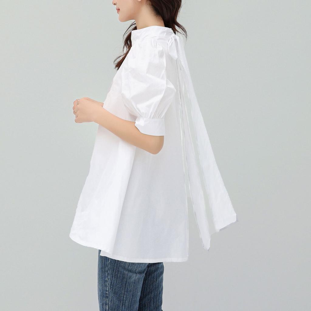 Lotte Japan Korea Spring Summer Solid Color Blouse Solid Lace Up Mid Sleeve Half High Neck Shirt for Women
