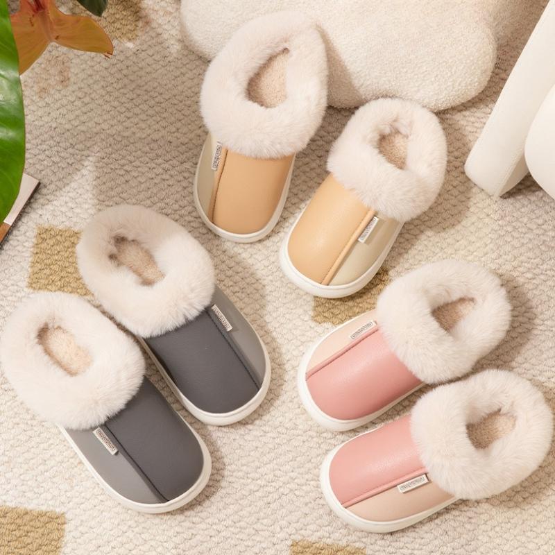Winter Warme Zuhause Pelz Damen Hausschuhe Luxus Wasserdicht PU Leder Plüsch Paar Baumwollschuhe Indoor Schlafzimmer Flache Absätze Flauschiger Slipper