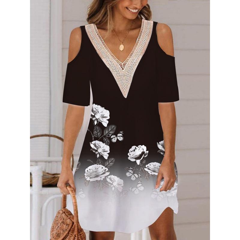 Dámská móda Léto Jaro Květinový potisk 1/2 rukávy Výstřih do V Volný pas Šaty pro volný čas