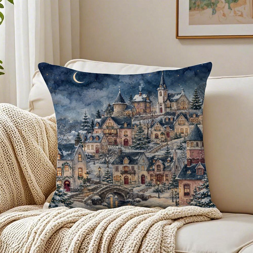 Christmas Village Winter Snowy Houses Cushion Cover Short Plush Pillow Case Machine Washable Wrinkle-Resistant Soft Durable