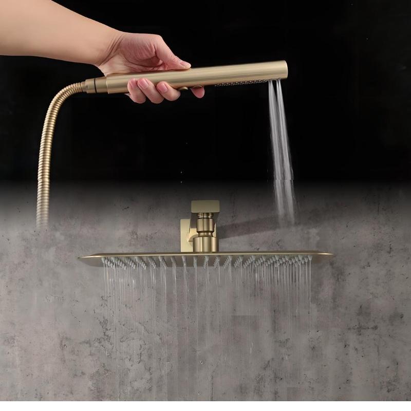 

Набор душевой системы с тропическим душем Матовое золото 12-дюймовая лейка тропического душа с ручным распылителем высокого давления Латунный клапан Легкая установка United States