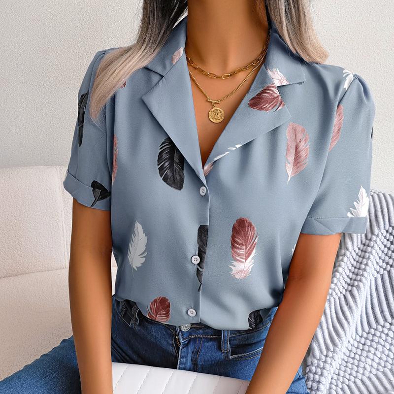 Women Summer Short Sleeve Lapel Feather Printed Casual Office Shirt Blouse Top