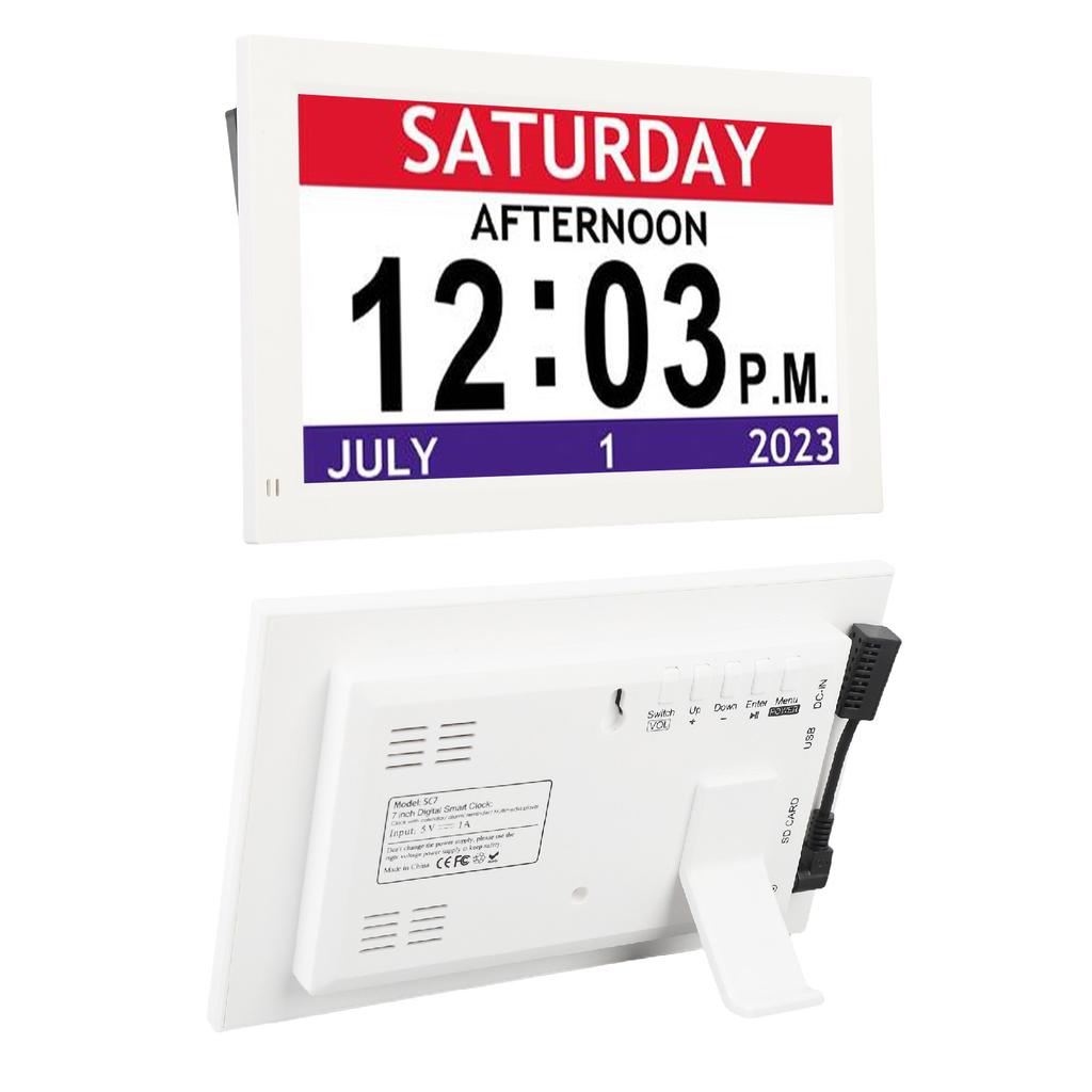 7 Inch Digital Clock with 12 Alarms, Unabridged Calendar Clock for the Eld ly and Ev yone, Auto Dimming, Am ica Large Display Clock with