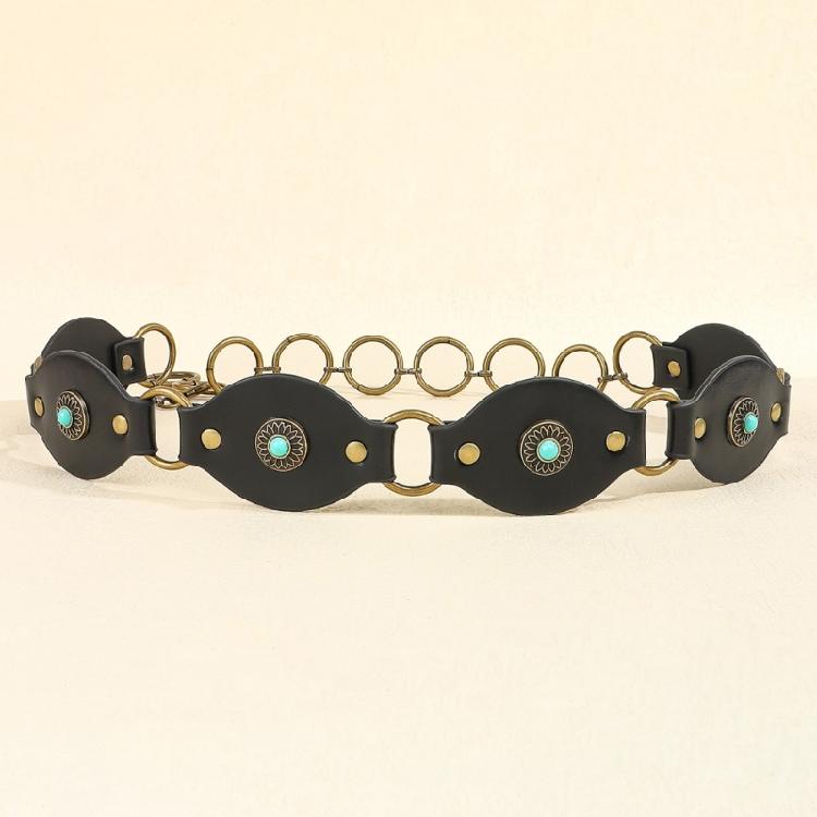 Hollowed Buckle Oval Disc Belt for Women Punk Waist Belt 2000s Bohemian PU Leather Belt for Girl Cool Western Waistband
