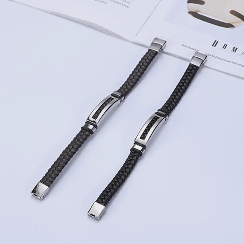 Unisex Fashion PU Leather & Polished Titanium Steel Braided Bracelet