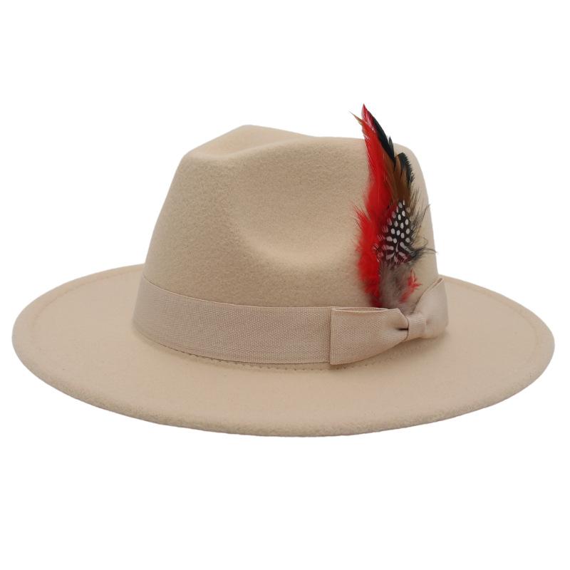 Bow Feather Top Hat Big Eave Hat Men'S And Women'S Cashmere Felt Hat Wind Hat