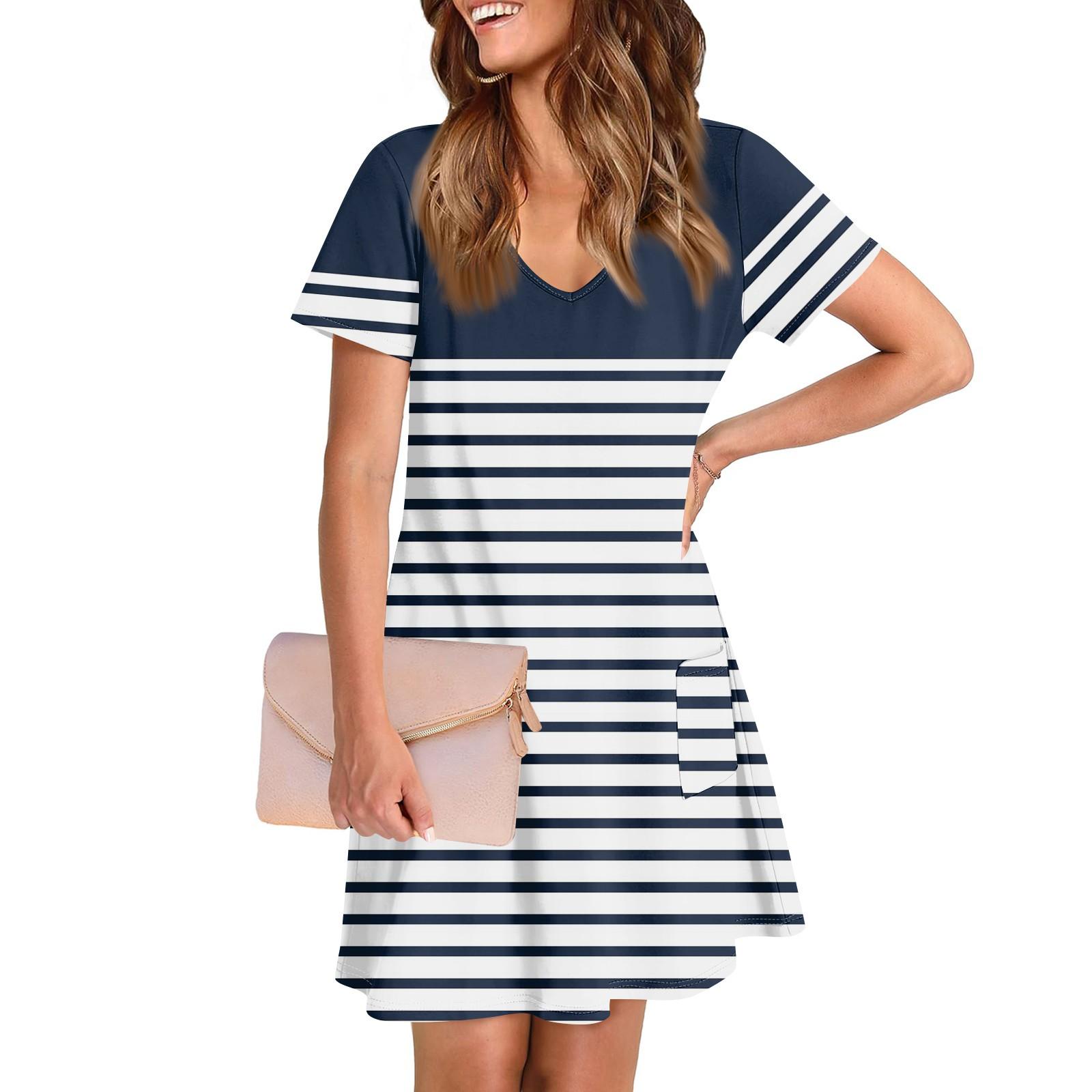 

Женское повседневное и модное платье средней длины с V-образным вырезом и коротким рукавом с принтом M тёмно-синий