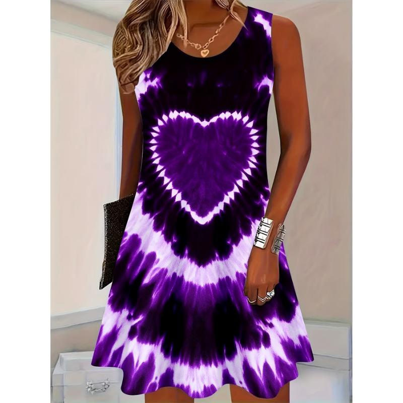 

Tie Up Tie Dye Heart-shaped Sleeveless Dress, Perfect for Casual Outings and Summer Occasions S