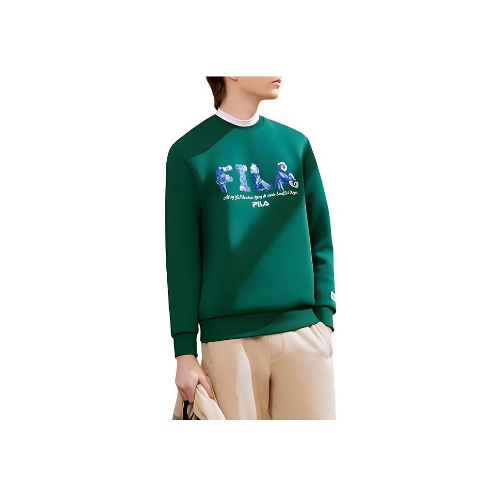FILA X V&A Collaboration Morgan Series Floral Bird Pattern Crewneck Pullover American Casual Knit Sweatshirt Men sweatshirt F11M418201F-DG