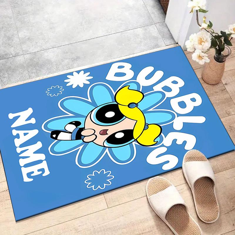 Benutzerdefinierte The Powerpuff Girls Matte mit personalisiertem Namen, waschbarer Polyester-Eingangsbereich-Teppich für den Innenbereich, Geschenk für Weihnachten, Ostern, Thanksgiving