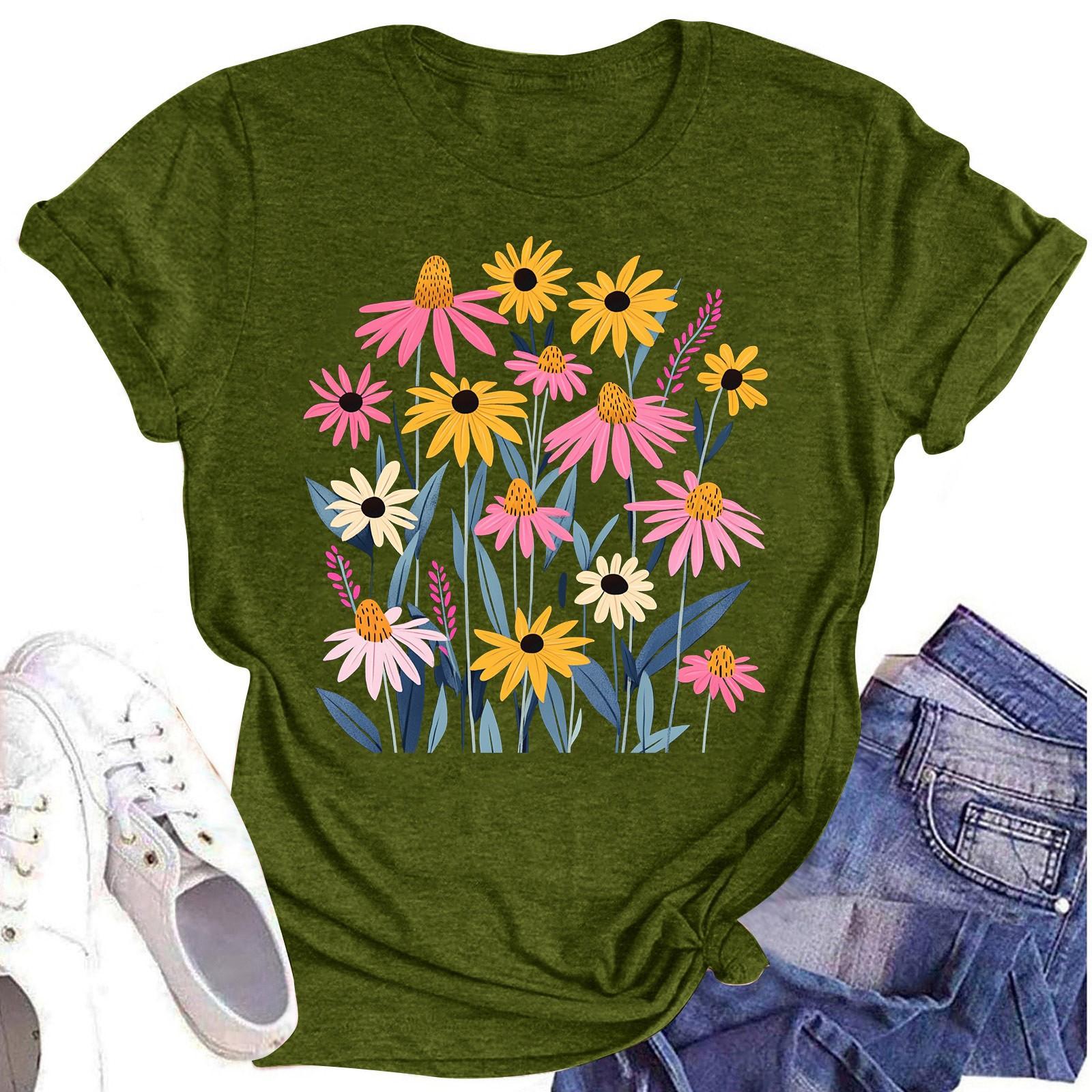 

Женская повседневная футболка с круглым вырезом и цветочным принтом, короткий рукав L армия зеленый