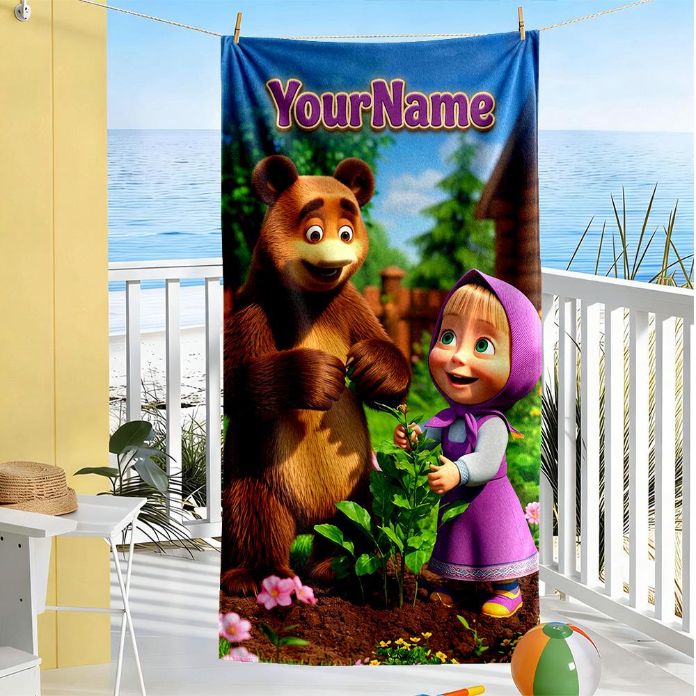 Masha Bear Customize Your Name Beach Towel Soft Durable Quick-Dry Ideal for Travel Outdoor Swim Pool Yoga Surf Camping Hiking Gym Gift Holiday