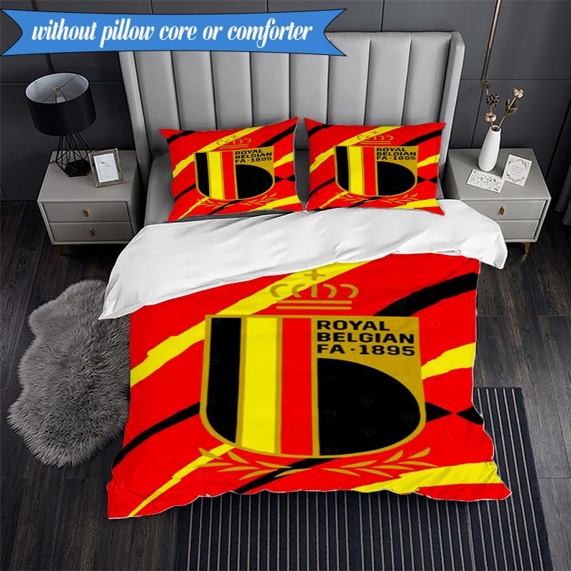 3PCS Belgium Football Crest Emblem Bedding Set 2D Printing (Includes 1 Duvet Cover + 2 Pillowcases Coreless), Bedroom decor,Fan gift