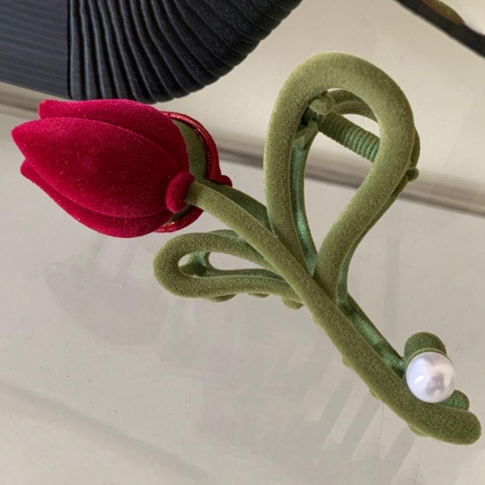 Pearl Korean Style Headwear Red Velvet Hair Claw Flocking Tulip Hair Clip Female Hair Accessories