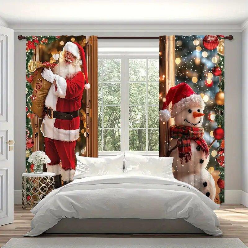 2pcs - Christmas Santa Claus and Snowman printed curtains   pole bag curtains   home decoration   room decoration