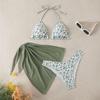 Set de Bikini Floral para Mujer de 3 Piezas Escote Halter Acolchado Sin Aro Sujetador Secado Rápido Braguita de Natación Conjunto de Falda Cover Up de Color Puro Verano