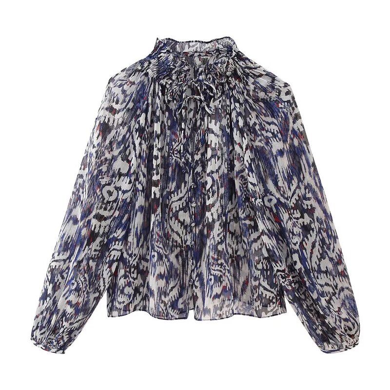Fashion Wind 2024 Spring New Niche Loose Puff Sleeves Metal Color Line Print Blouse 2429106 330