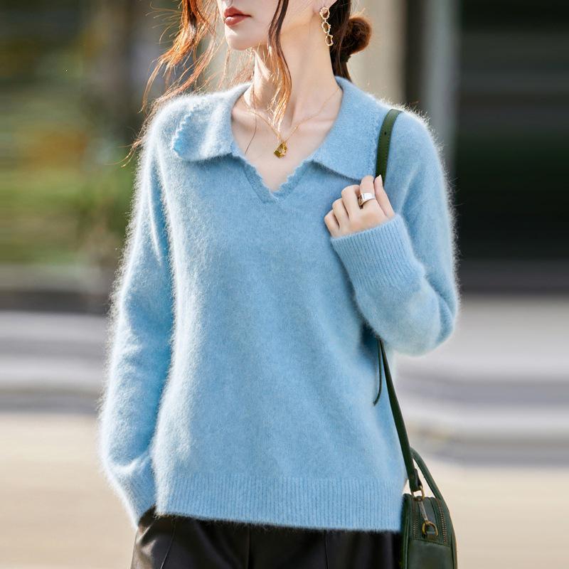 2026 A/W Women's Cashmere Wool Lapel Knit Sweater - Soft Brushed Solid Color, Long Sleeve
