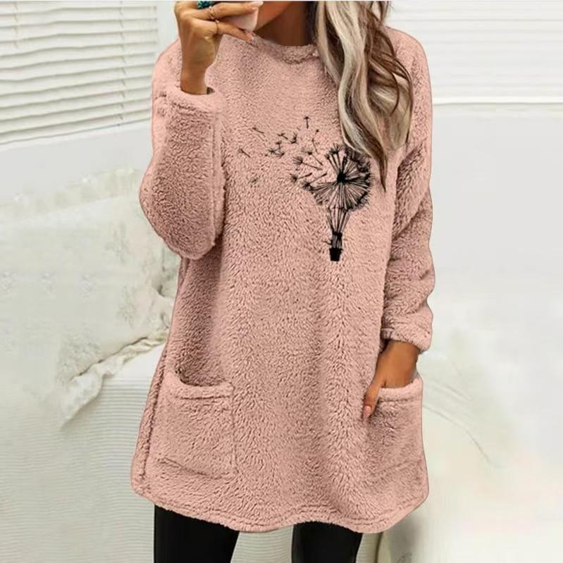 Women's Loose Fit Crew Neck Tunic Sweatshirt Long Sleeve Double Fleece Pullover Top Dandelion Floral Print Casual Fall Sweater With Side Pockets