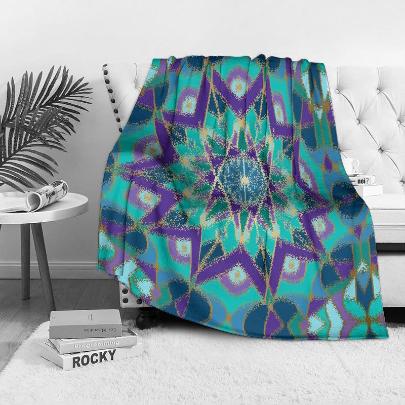 Boho Geometric Mandala Throw Blanket Turquoise Teal Blue Abstract Pattern Sofa Bed Living Room Decor Gift