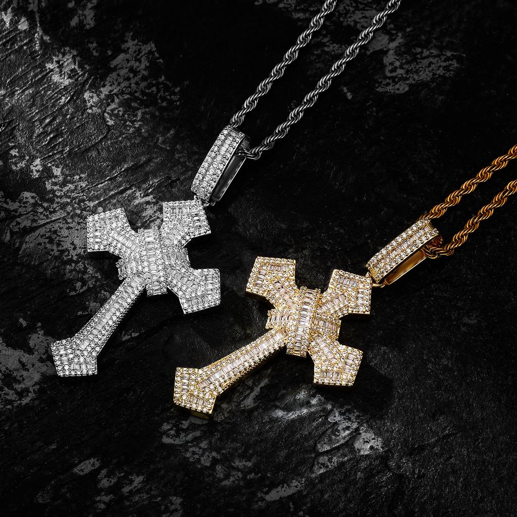 Copper Inlaid Zirconium Full Diamond Ladder Retro Size Cross Pendant Hip Hop Trend Men's Necklace Accessories
