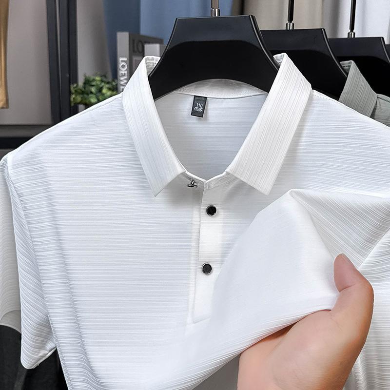 Seamless Stretch Short-Sleeved Polo Shirt for Men – Lightweight, Cooling Ice Silk, Loose-Fit Collared T-Shirt for Middle-Aged Men