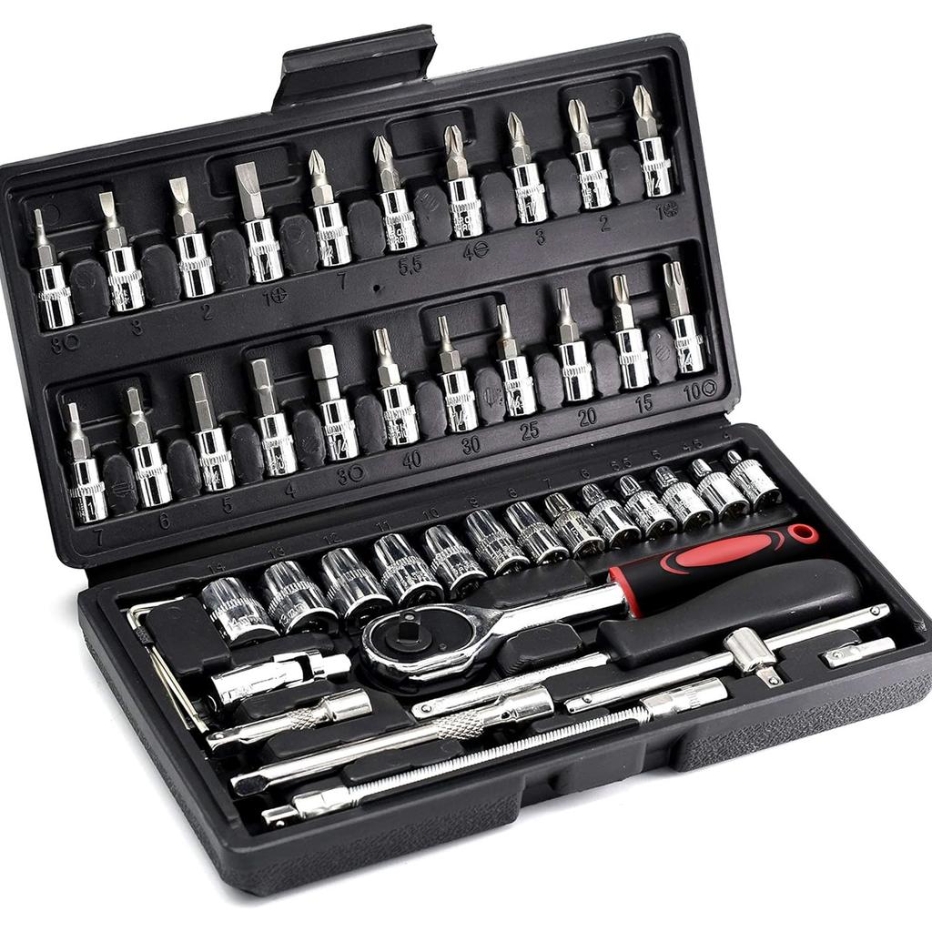 STONEGO 46Pcs/53Pcs 1/4 Inch Drive Socket Set, Metric Ratchet Wrench Set with 4-14mm CR-V Socket, S2 Drill Bit, Extension Rod