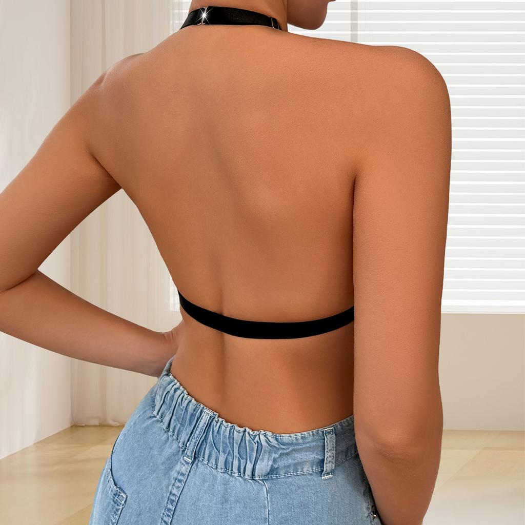Women Floral Lace Halter Neck Front Closure Wireless Deep V Bra