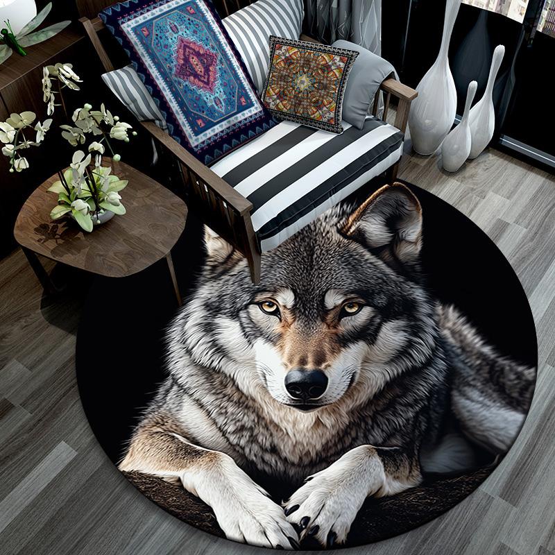 Gray Wolf Round Area Rug,Carpet Rug for Living Room Bedroom Sofa Playroom Decor,Non-slip Floor Mat