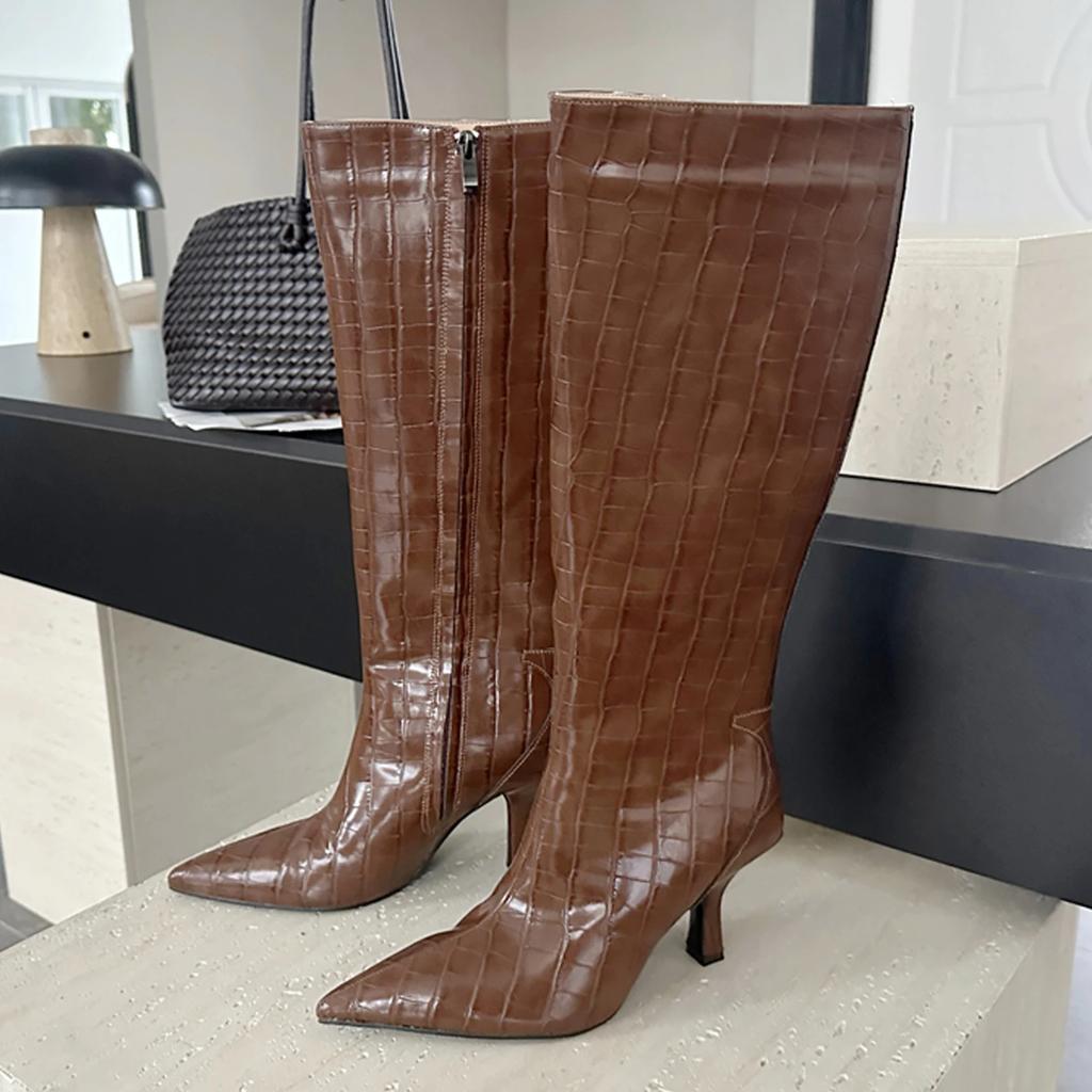 Fashion Eilyken Autumn Winter Stonegrain Pointed Toe Women Knee High Boots Fashion Thin Heels Shoes Long Booties Zapatos De Mujer