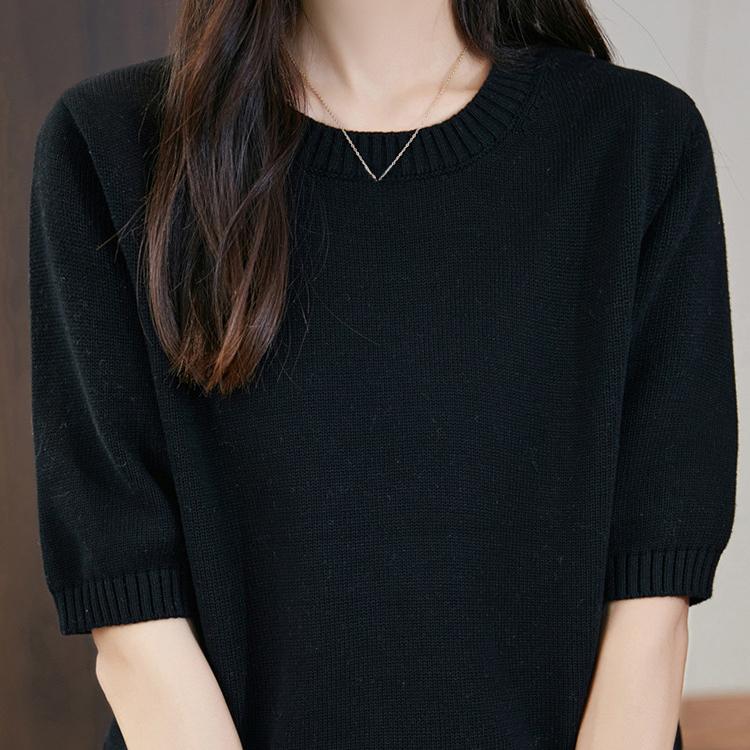 Kurzärmeliges Strick-T-Shirt Damen Lässiger Rundhals-Pullover Einfarbig Locker Halbarm-Pullover