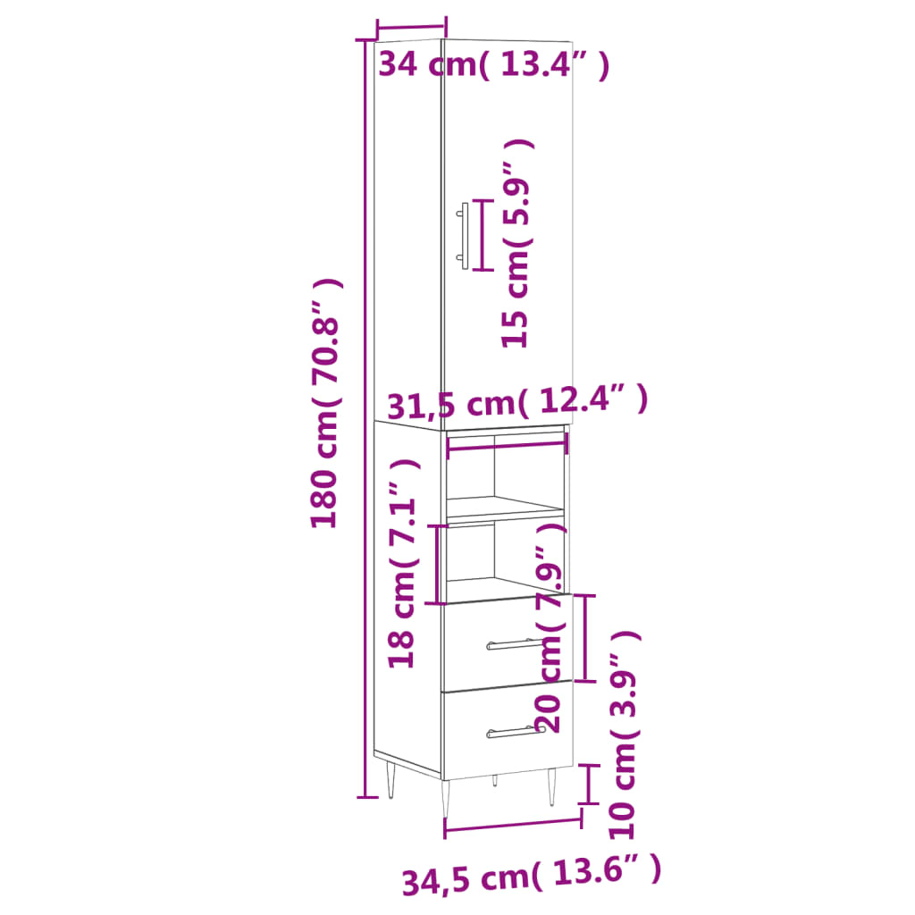 Highboard Beton Grau 34,5 x 34 x 180 cm Spanplatte