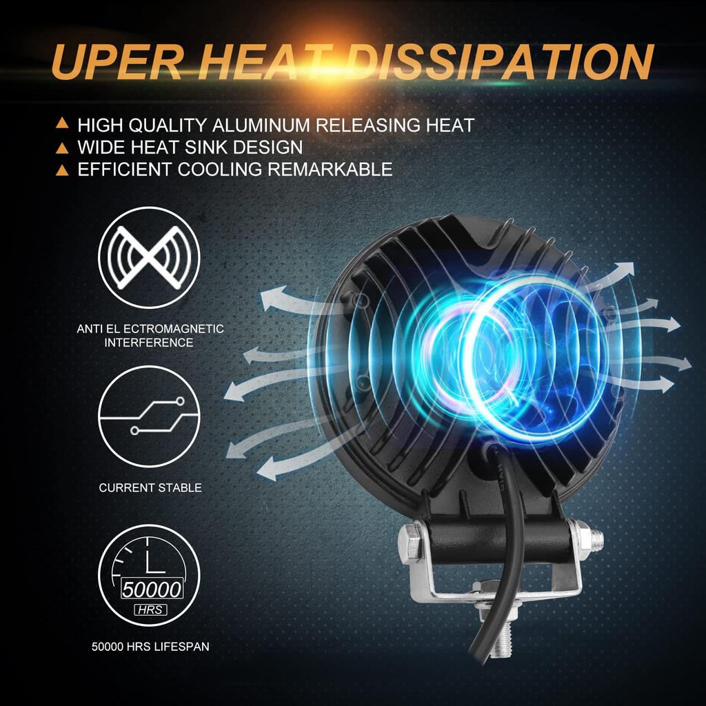 72W LED Work with Yellow Halo Ring Light, 4.5-inch Round, Wide/Narrow Angle, White, 6500K, 12V-80V Compatible, Waterproof, Universal,