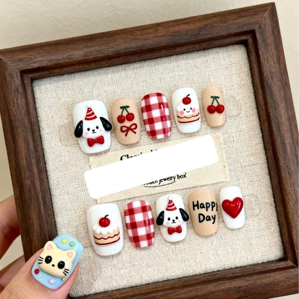 Cartoon Rilakkuma Short Square Round Handmande False Nails Cute Animal Bear Cat Dog Strawberry Bow Press On Nails Christmas Gift