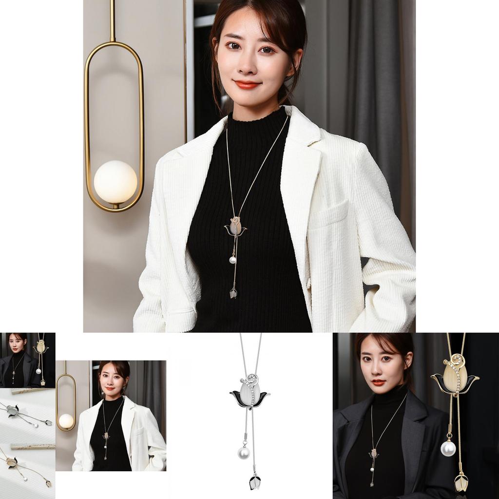 Fashionable Korean Long Sweater Chain Necklace Featuring Eye-catching Cat Eye Stone Flower Design