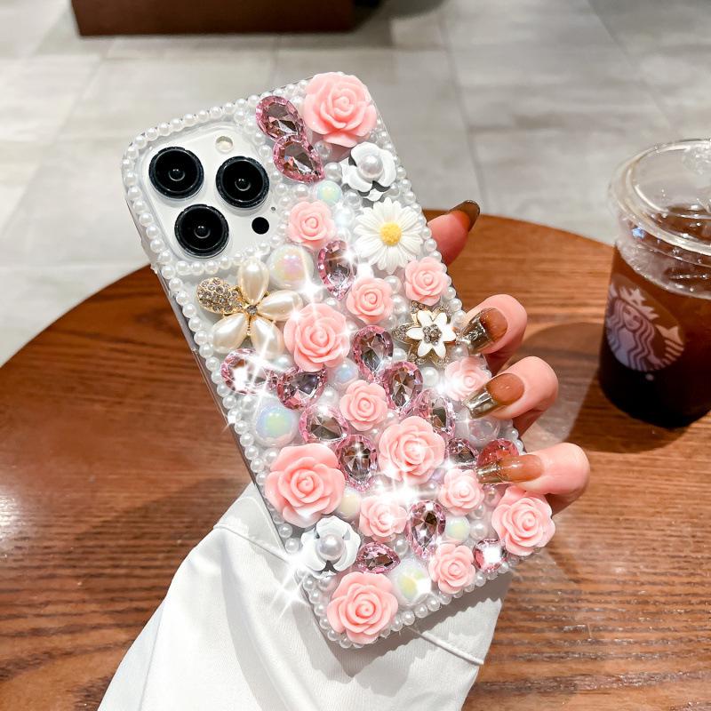 Lux Rhinestone Rose Flower iPhone Case: Drop-Proof, Full Coverage, Compatible with iPhone 13, 14, 15, 16