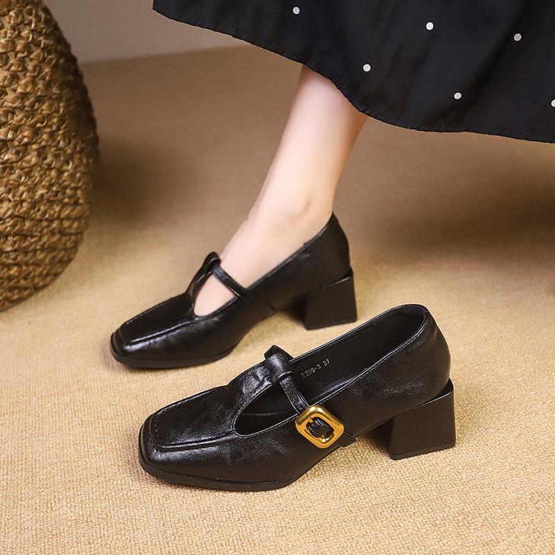 Retro storapadžiai maži odiniai batai su storu kulnu su vieno žodžio sagtimi seklia burna Mary Jane vienviečiai batai moterims