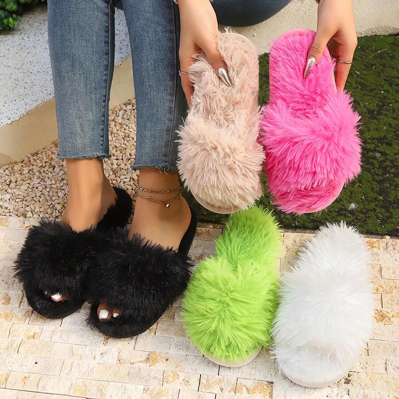 Fashion New Autumn Winter Women Fashion Faux Fur Slippers Solid Color Comfort Indoor Home Slippers Woman Lightweight Warm Fluffy Slides