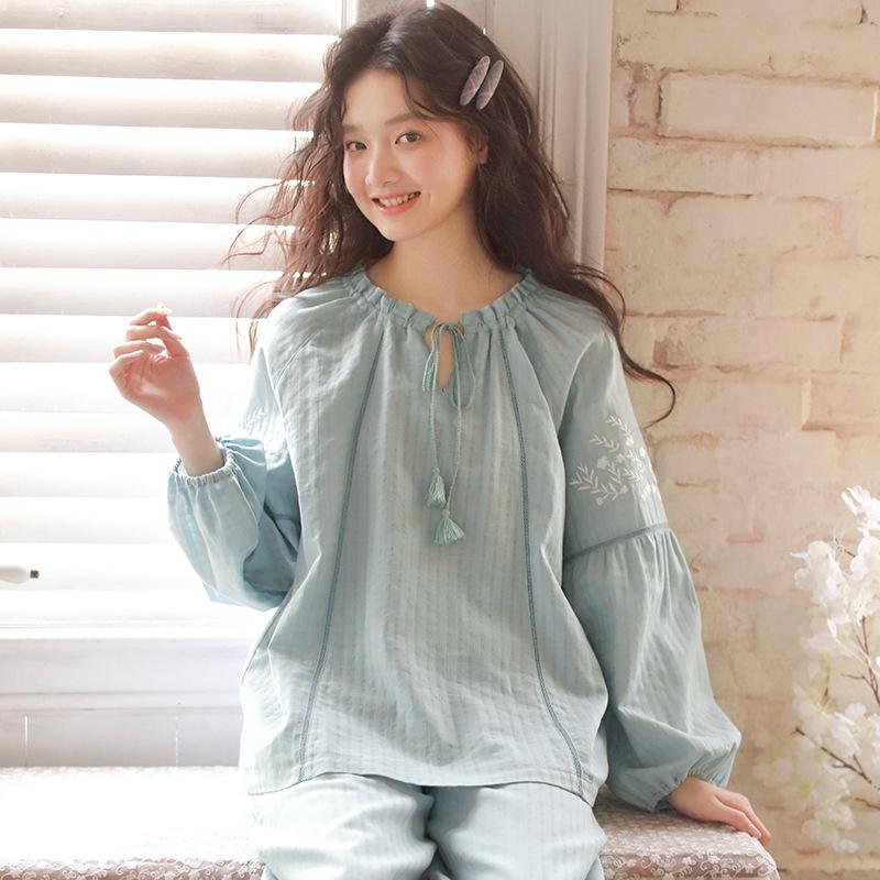 Spring new pajamas women's pure cotton cotton yarn women's French pullover can go out air-conditioned room long-sleeved set 11