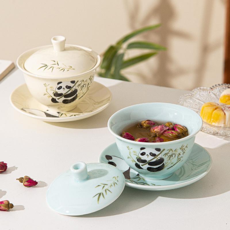 Chinese Style Panda Ceramic Cover Bowl Kung Fu Tea Set Household Tea Bowl Single High End Gift Gift Ceramic Cup Toast Tea Bowl Cup