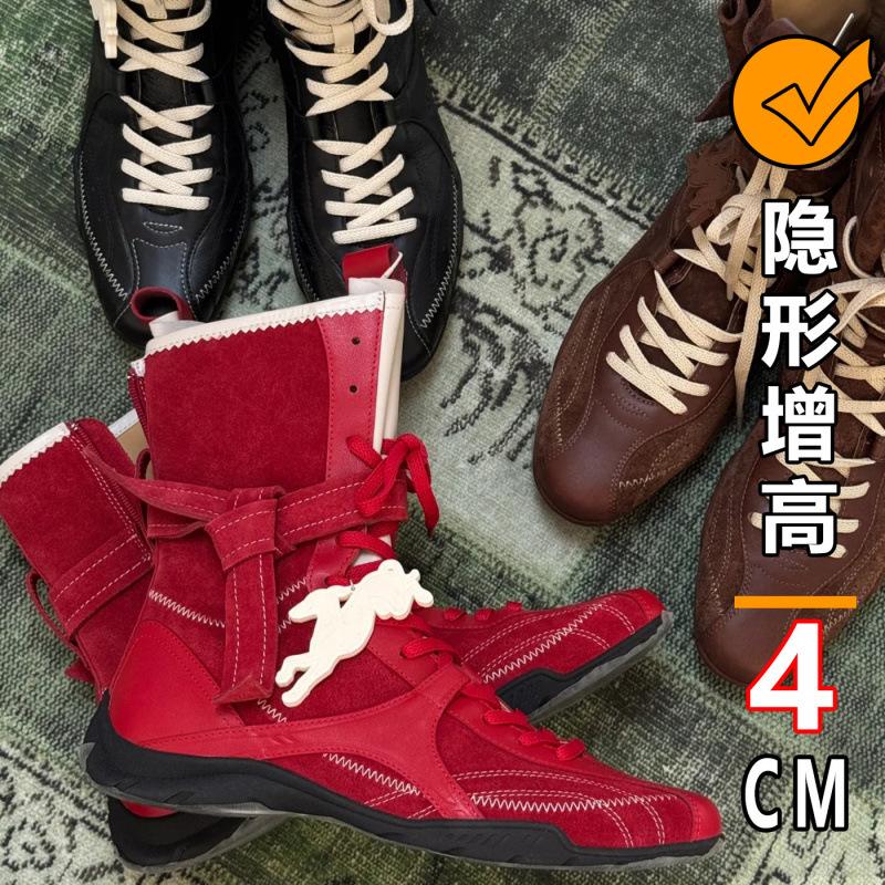 

Cowhide~ Genuine leather retro boxing boots women s medium boots short boots inner heightening boots lace-up Martin boots platform boots 40