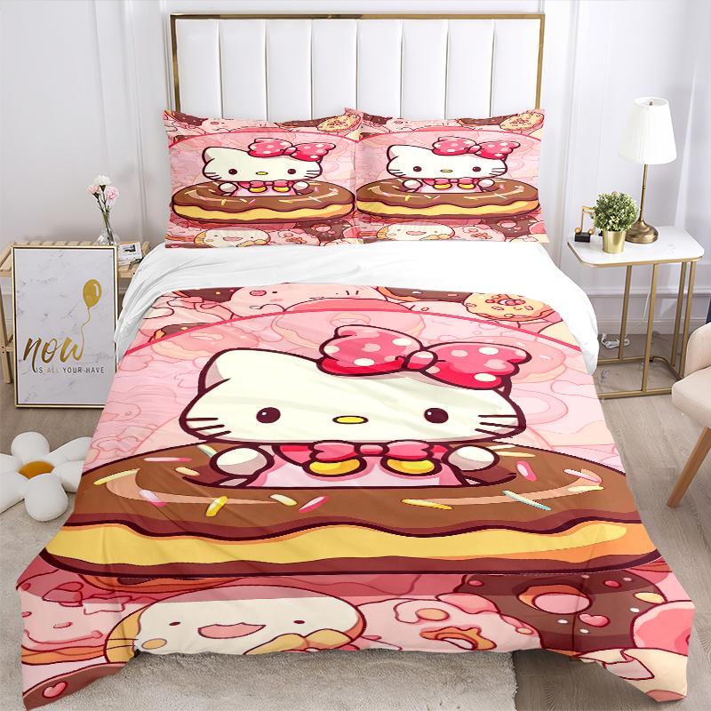 3pcs Sweet Hello Kitty Doughnut Delight Quilt Cover Set - Soft and Cozy Bedroom, Guest Room and Dorm Decorative Bedding 3-Piece Set 1 Quilt Cover